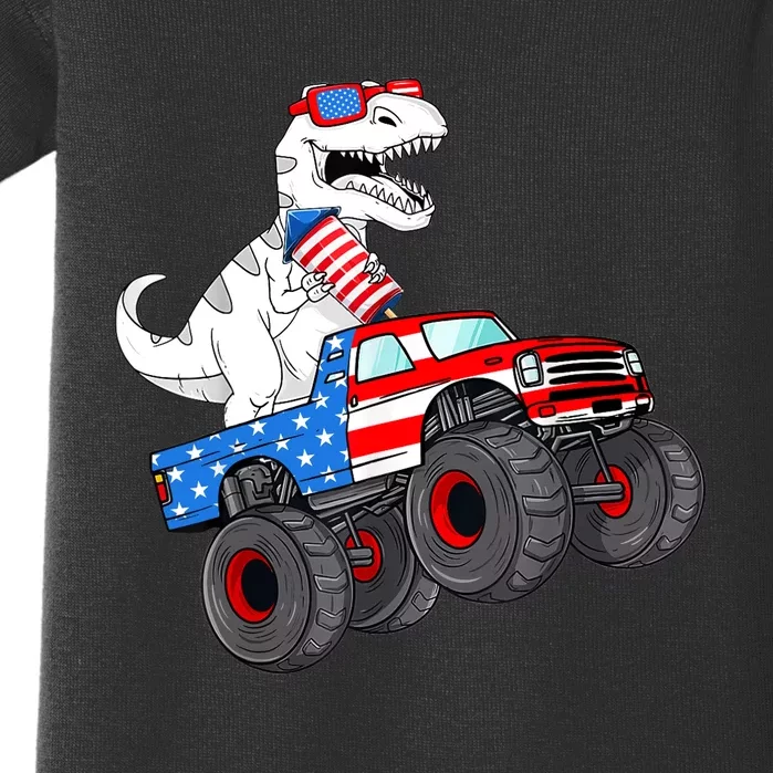 4th Of July T Rex Dino Trex Dinosaur Monster Truck Fireworks Baby Bodysuit