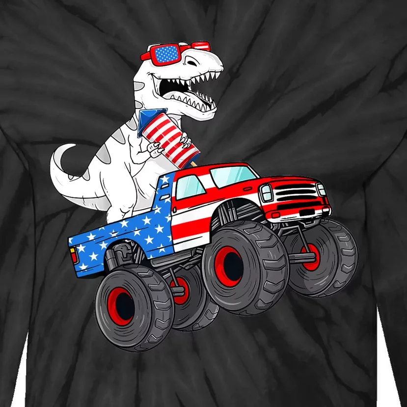 4th Of July T Rex Dino Trex Dinosaur Monster Truck Fireworks Tie-Dye Long Sleeve Shirt