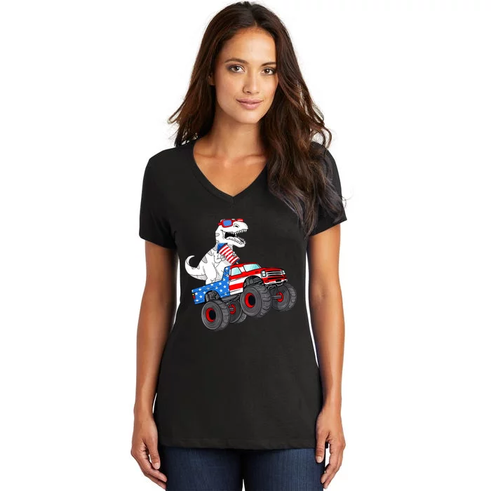 4th Of July T Rex Dino Trex Dinosaur Monster Truck Fireworks Women's V-Neck T-Shirt