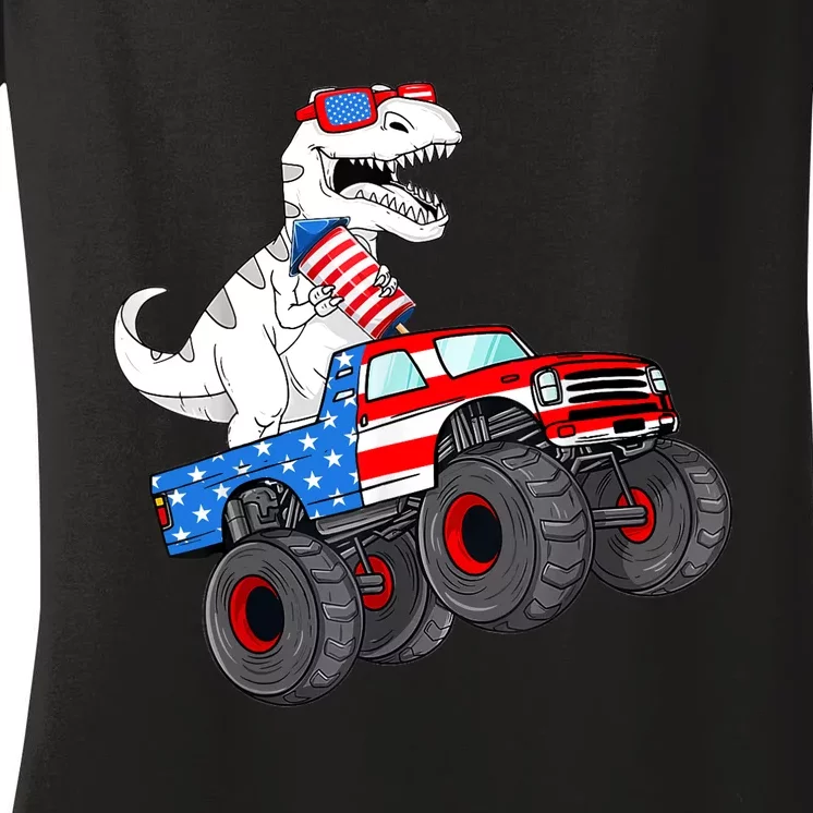 4th Of July T Rex Dino Trex Dinosaur Monster Truck Fireworks Women's V-Neck T-Shirt