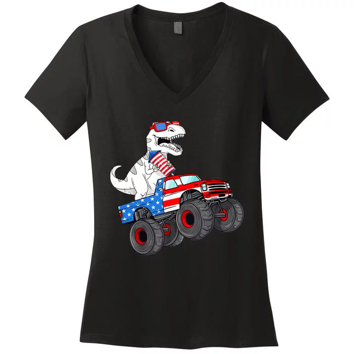 4th Of July T Rex Dino Trex Dinosaur Monster Truck Fireworks Women's V-Neck T-Shirt