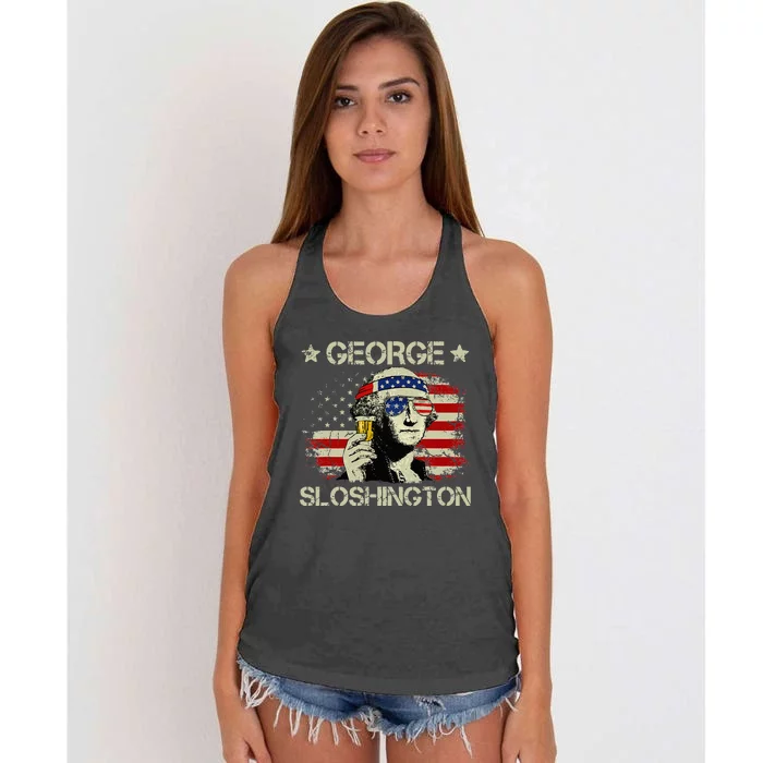 4th of July Merica George Sloshington Beer Drinking USA Flag Women's Knotted Racerback Tank