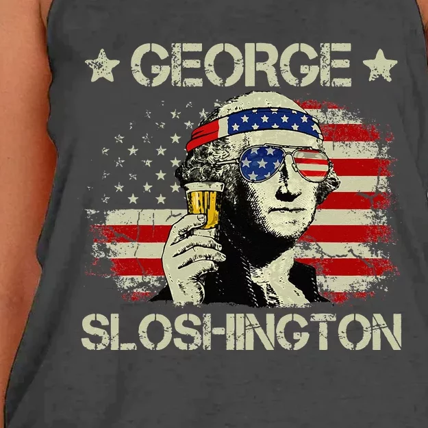 4th of July Merica George Sloshington Beer Drinking USA Flag Women's Knotted Racerback Tank