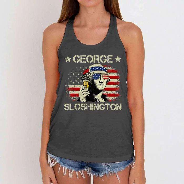 4th of July Merica George Sloshington Beer Drinking USA Flag Women's Knotted Racerback Tank