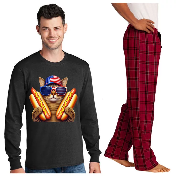 4th Of July Hotdog Cat Funny Patriotic Cat Usa Flag Wiener Gift Long Sleeve Pajama Set