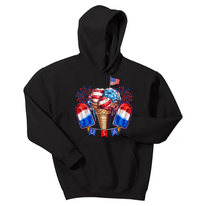 4th Of July Patriotic Ice Cream Popsicle American Flag Kids Hoodie