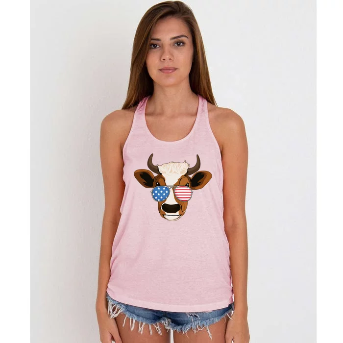 4th Of July Patriotic Cow Usa American Flag Cow Lover Farmer Gift Women's Knotted Racerback Tank