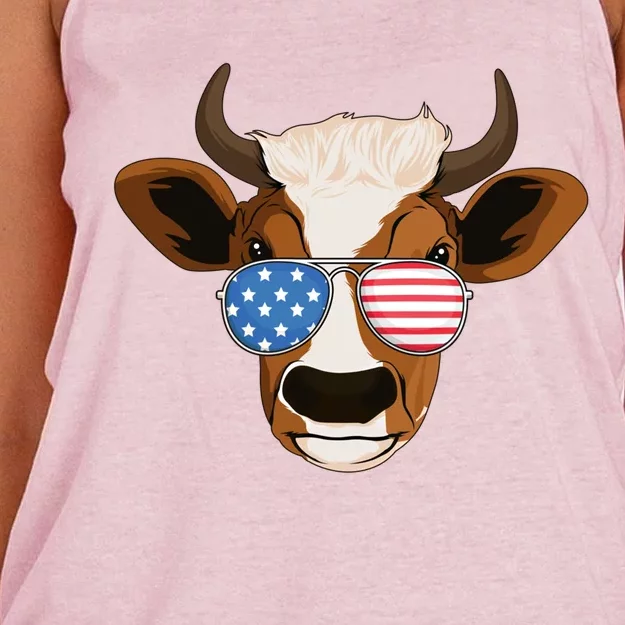 4th Of July Patriotic Cow Usa American Flag Cow Lover Farmer Gift Women's Knotted Racerback Tank