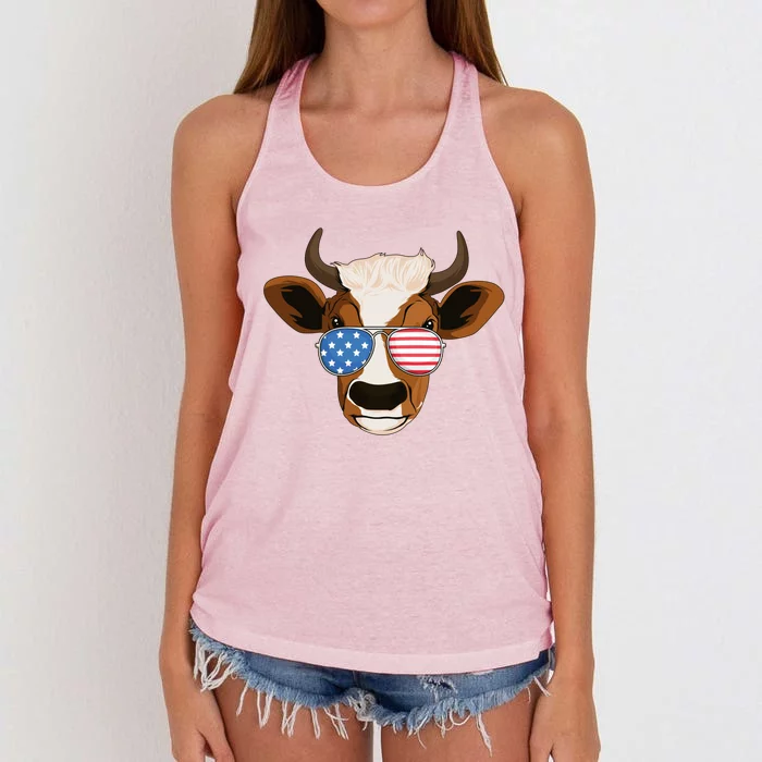 4th Of July Patriotic Cow Usa American Flag Cow Lover Farmer Gift Women's Knotted Racerback Tank