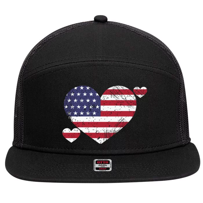 4th Of July American Heart Flag 7 Panel Mesh Trucker Snapback Hat