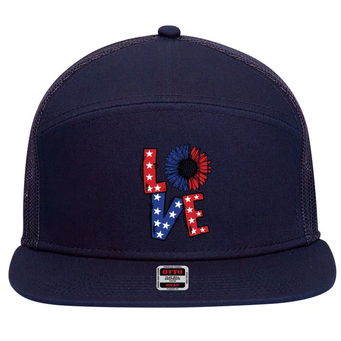 4th Of July Sunflower Love America Quote Gift 7 Panel Mesh Trucker Snapback Hat