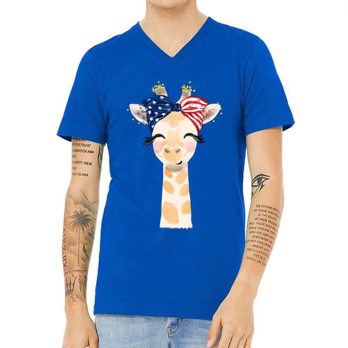 4th Of July Usa Giraffe Cute V-Neck T-Shirt