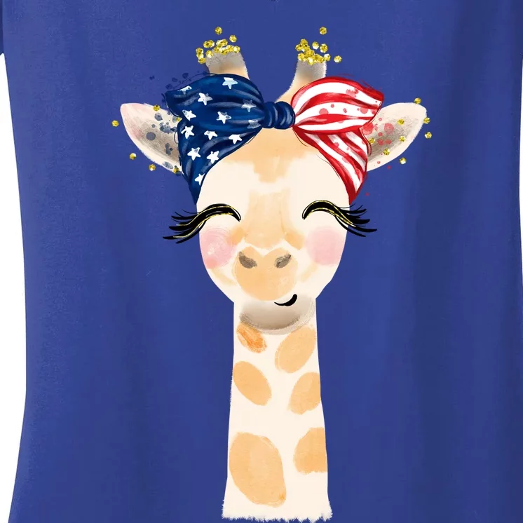 4th Of July Usa Giraffe Cute Women's V-Neck T-Shirt