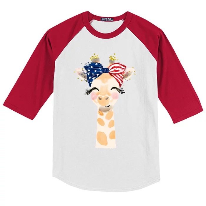 4th Of July Usa Giraffe Cute Kids Colorblock Raglan Jersey