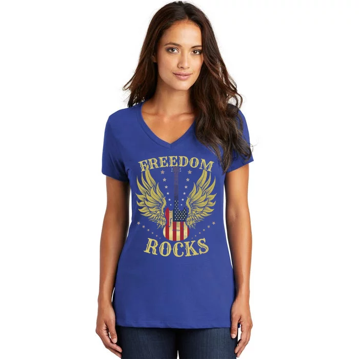 4th Of July Fourth Independence Day Guitar Freedom Rocks Gift Women's V-Neck T-Shirt