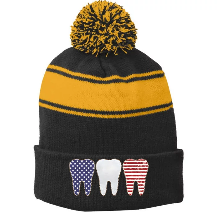 4th Of July Dental American Dentist Stripe Pom Pom Beanie