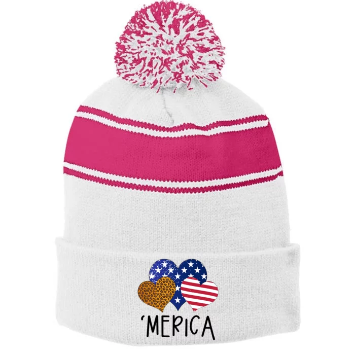 4th Of July Merica Heart USA American Flag Patriotic Stripe Pom Pom Beanie