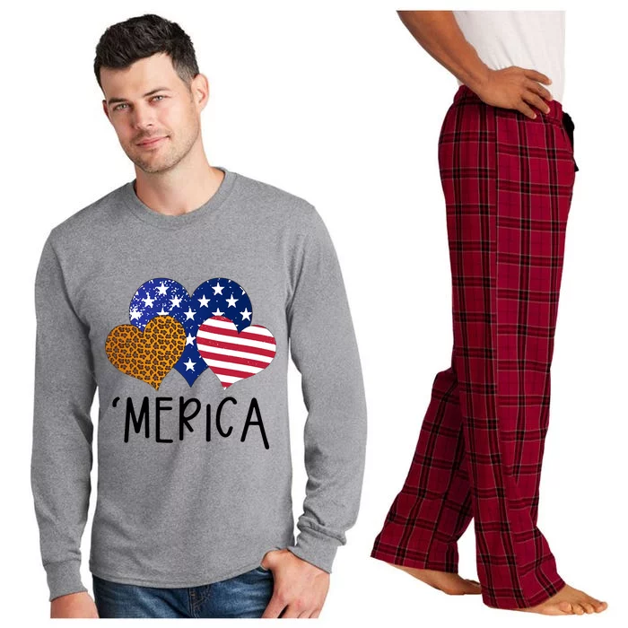 4th Of July Merica Heart USA American Flag Patriotic Long Sleeve Pajama Set