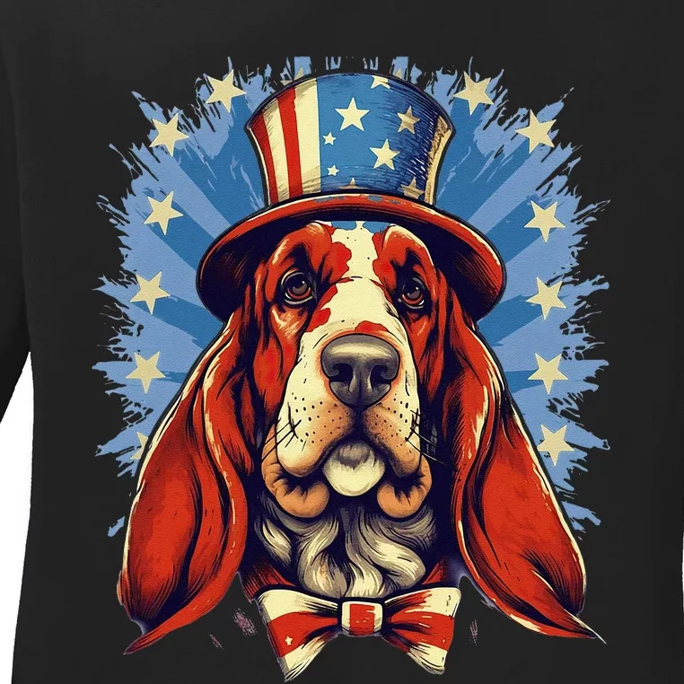 4th Of July Patriotic Basset Hound Dog Ladies Long Sleeve Shirt