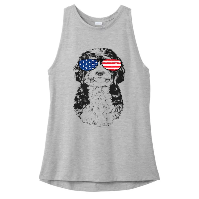 4th Of July Bernedoodle Doodle Dog Patriotic USA Sunglasses Ladies Tri-Blend Wicking Tank