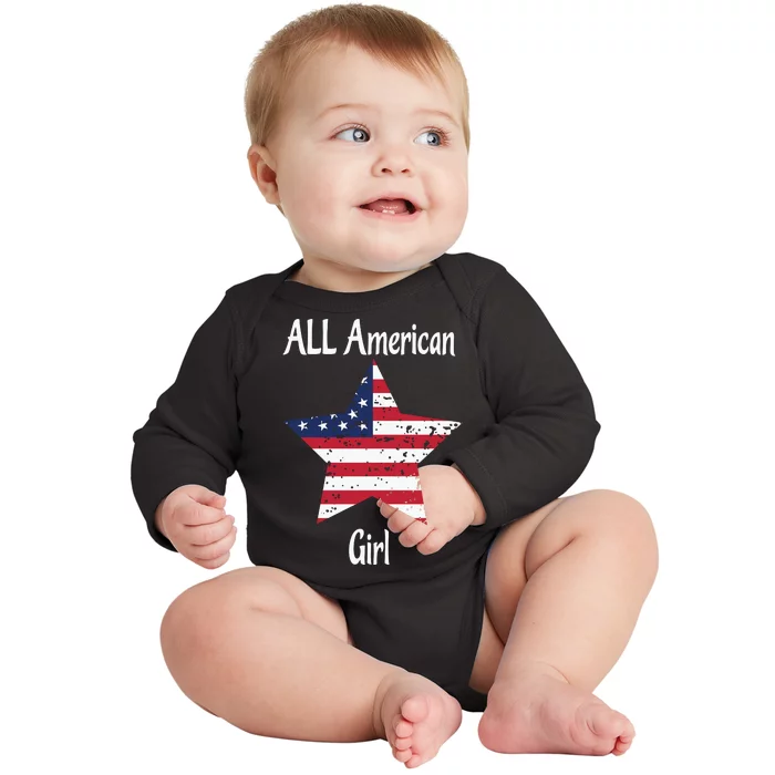 4th Of July All American Girl Usa Flag Baby Long Sleeve Bodysuit