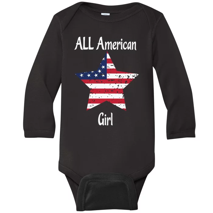 4th Of July All American Girl Usa Flag Baby Long Sleeve Bodysuit