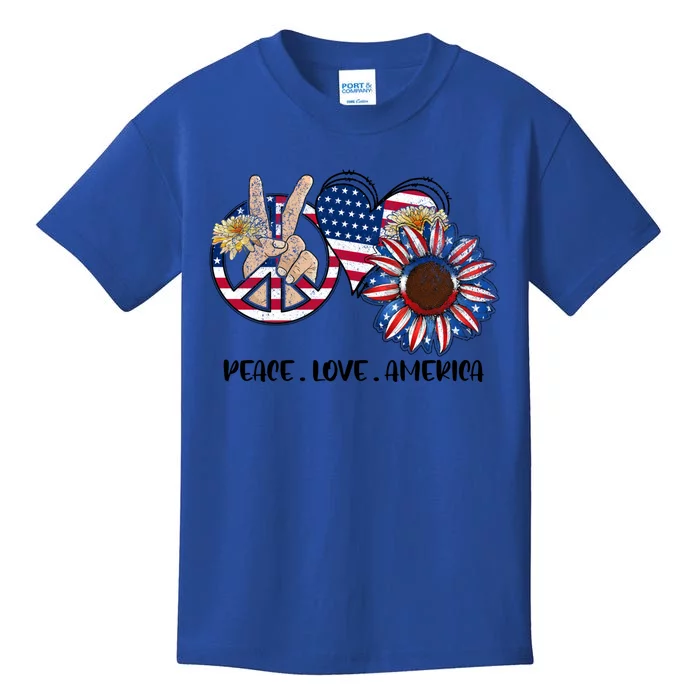 4th Of July Usa Flag Peace Love America Sunflower Heart Gift Kids T-Shirt