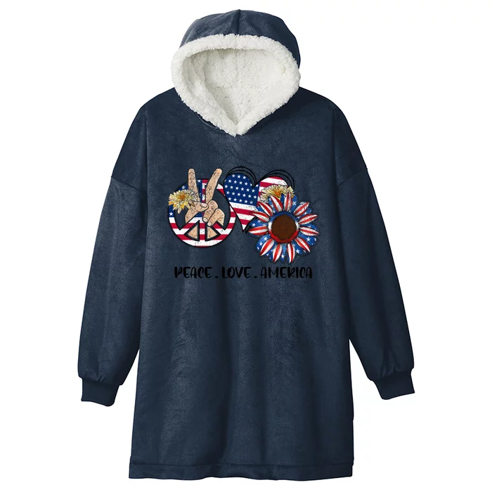 4th Of July Usa Flag Peace Love America Sunflower Heart Gift Hooded Wearable Blanket