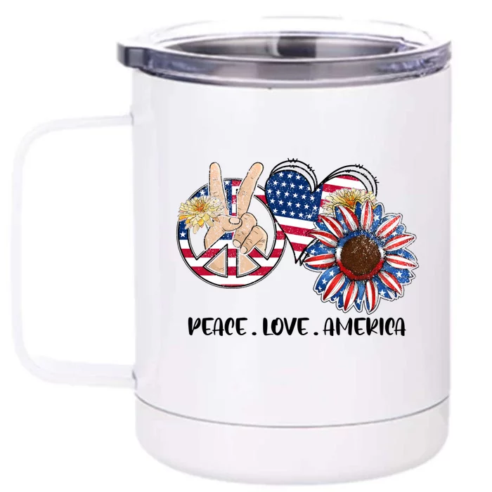 4th Of July Usa Flag Peace Love America Sunflower Heart Gift Front & Back 12oz Stainless Steel Tumbler Cup