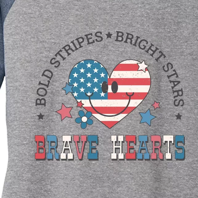 4th Of July Retro Blold Stripes Bright Stars Brave Hearts Gift Women's Tri-Blend 3/4-Sleeve Raglan Shirt