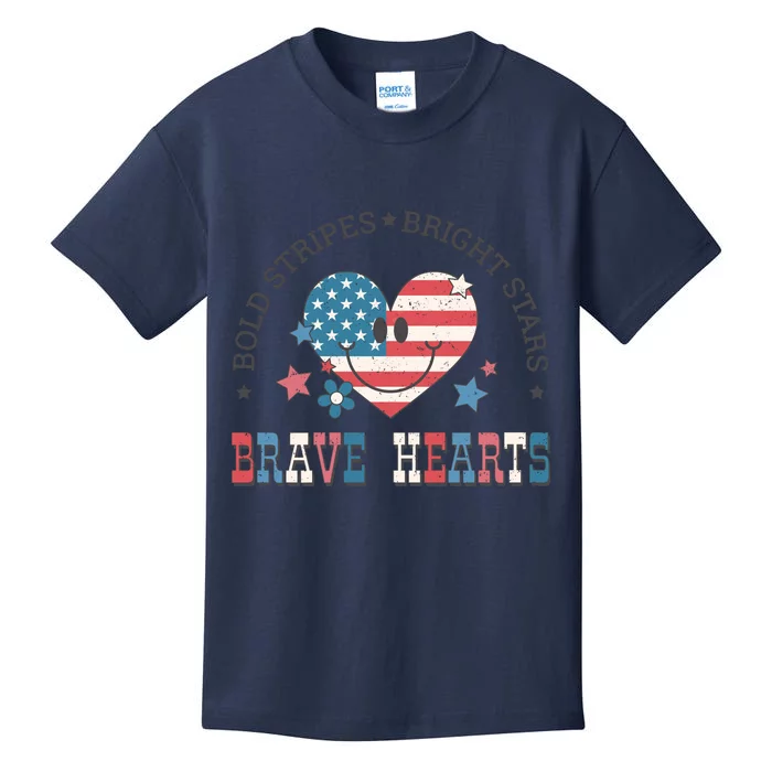 4th Of July Retro Blold Stripes Bright Stars Brave Hearts Gift Kids T-Shirt