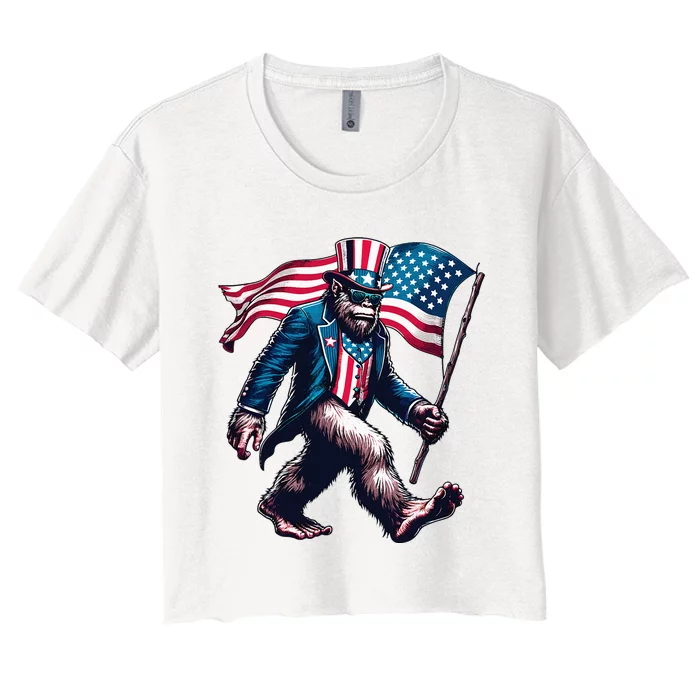 4th Of July Bigfoot Sasquatch American Flag Usa Women's Crop Top Tee