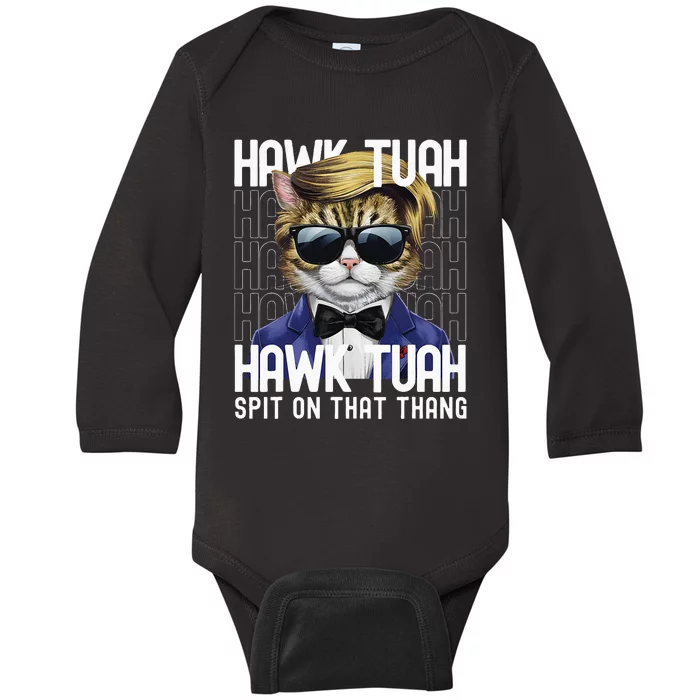 4th Of July Patriotic Cat Usa Hawk Tuah Spit On That Thing Baby Long Sleeve Bodysuit