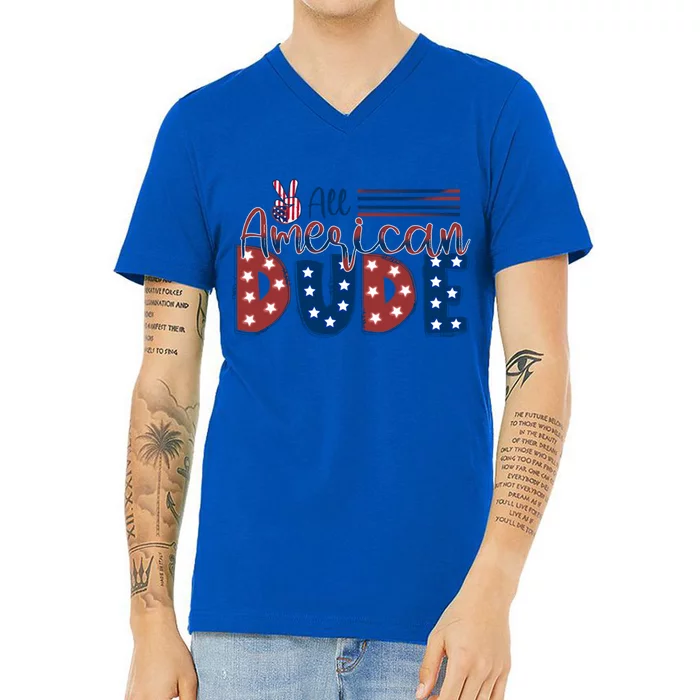 4th Of July Usa All American Dude Hand Peace Sign Cool Gift V-Neck T-Shirt