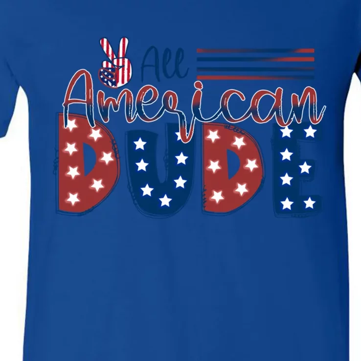 4th Of July Usa All American Dude Hand Peace Sign Cool Gift V-Neck T-Shirt