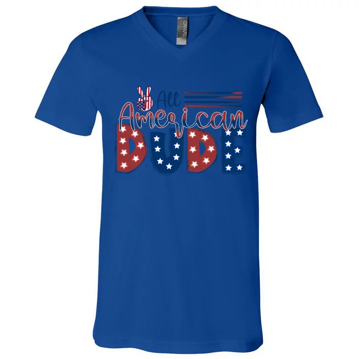 4th Of July Usa All American Dude Hand Peace Sign Cool Gift V-Neck T-Shirt