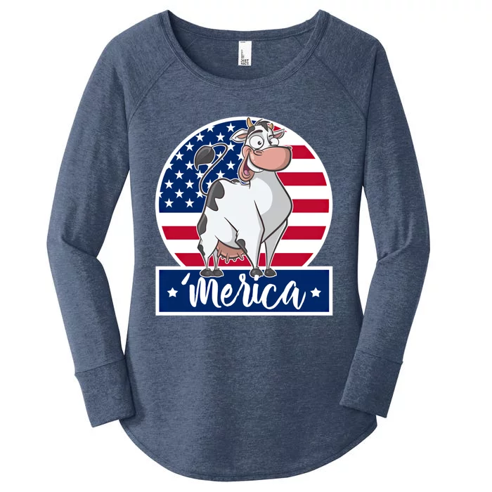 4th Of July Funny Gift 'Merica Cow And American Flag Gift Women's Perfect Tri Tunic Long Sleeve Shirt