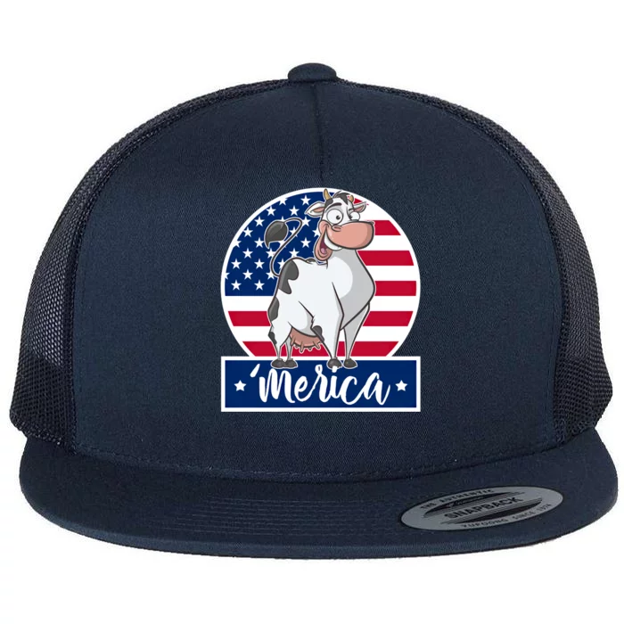 4th Of July Funny Gift 'Merica Cow And American Flag Gift Flat Bill Trucker Hat