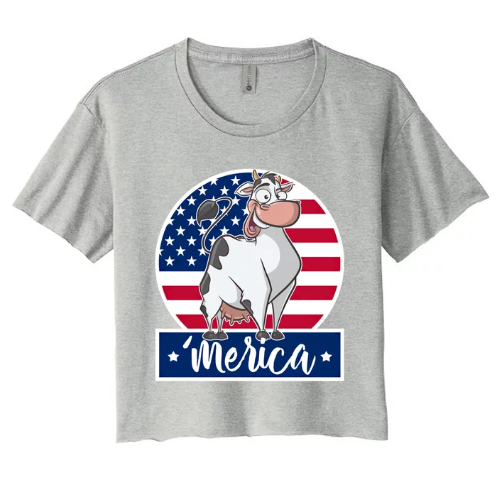 4th Of July Funny Gift 'Merica Cow And American Flag Gift Women's Crop Top Tee