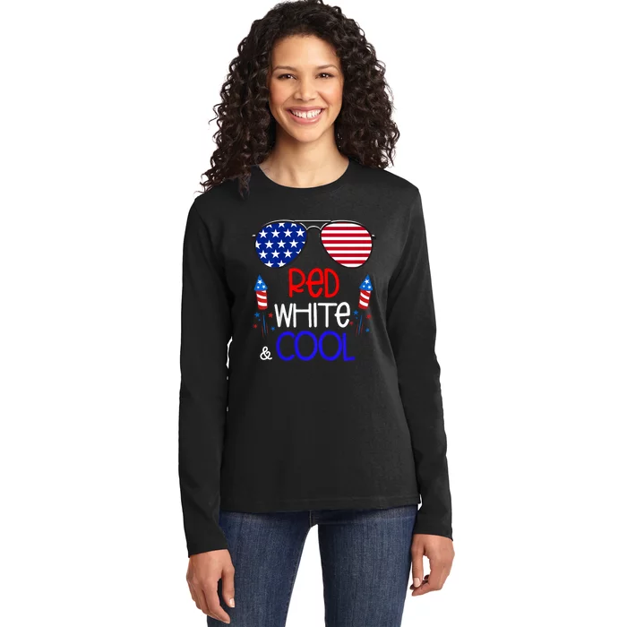 4th Of July Red White And Cool Sunglasses Girl Ladies Long Sleeve Shirt