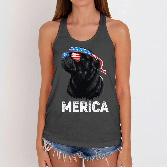 4th of July Dog Mom Dog Dad Merica USA Flag Funny Black Pug Women's Knotted Racerback Tank