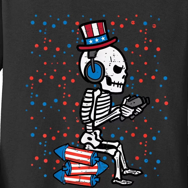 4th Of July Skeleton Gamer Funny America Kids Men Teen Kids Long Sleeve Shirt