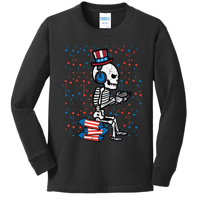 4th Of July Skeleton Gamer Funny America Kids Men Teen Kids Long Sleeve Shirt