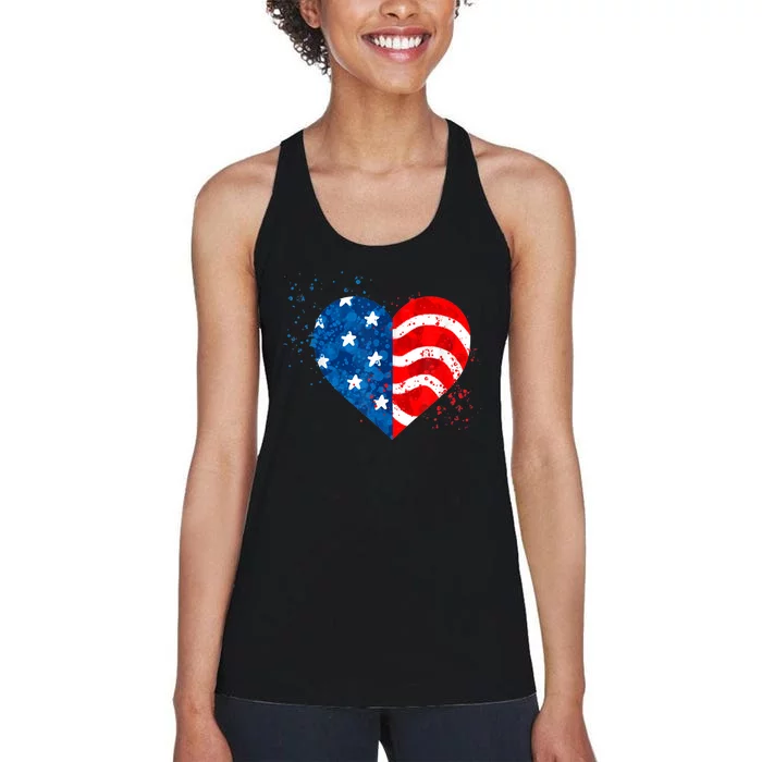 4th of JULY. LOVE HEART American Freedom USA Flag Women's Racerback Tank