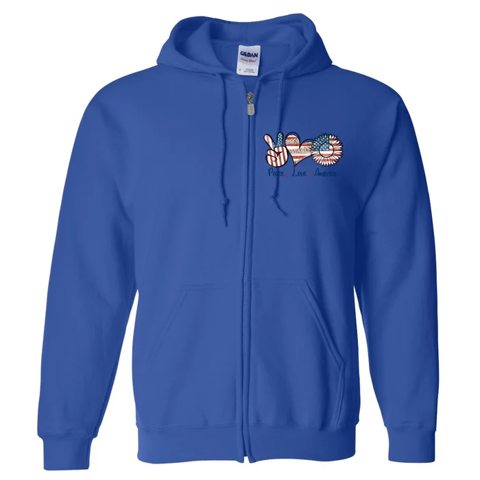 4th Of July Usa Peace Love America Hand Heart Sunflower Gift Full Zip Hoodie