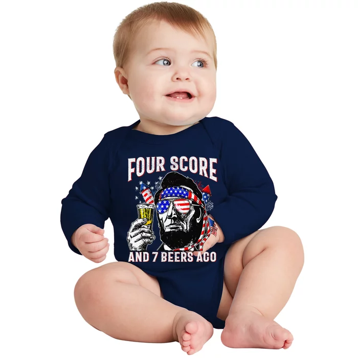 4th Of July Drinking Beer Patriot Four Score And 7 Beers Ago Baby Long Sleeve Bodysuit