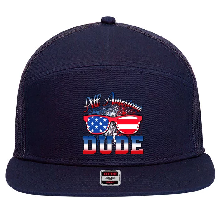 4th Of July Usa Flag Sunglasses All American Dude Gift 7 Panel Mesh Trucker Snapback Hat