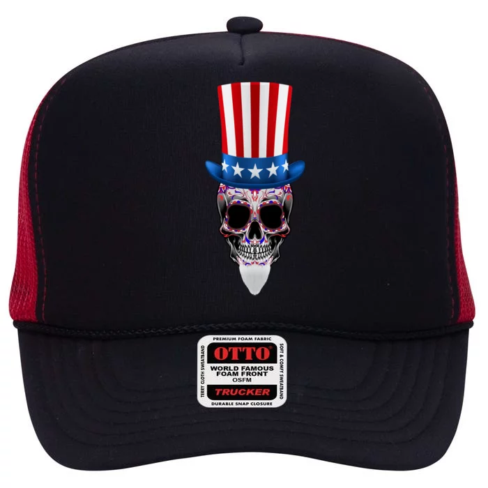 4th Of July Red White And Blue Sugar Skull Gift High Crown Mesh Trucker Hat