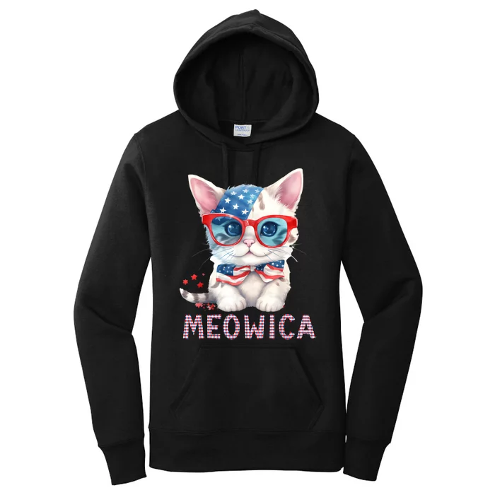 4th Of July Meowicas Patriotic Graphic Tees For Cat Lovers Women's Pullover Hoodie