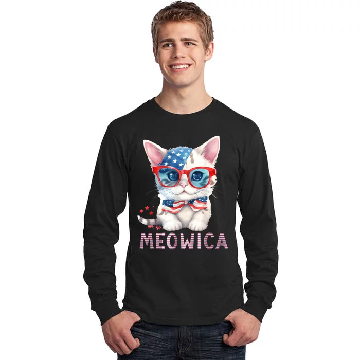 4th Of July Meowicas Patriotic Graphic Tees For Cat Lovers Tall Long Sleeve T-Shirt